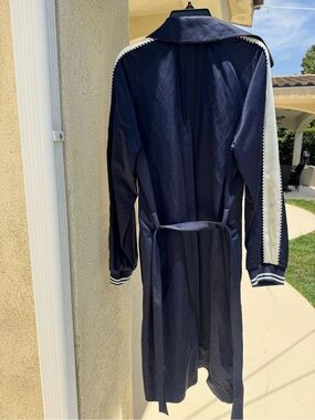 Sandro Navy Trench Coat with Cream Sleeve Stripes